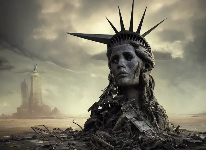 Image similar to a Photorealistic dramatic hyperrealistic render of a ruined destroyed decayed statue of liberty on a desolate beach in a post-apocalyptic world, futuristic nuclear apocalyptic planet of the apes vibe, by WLOP and Artgerm and Greg Rutkowski and Alphonse Mucha, Beautiful dynamic dramatic dark moody lighting, shadows, cinematic atmosphere, Artstation, concept design art, Octane render, 8K, masterpiece