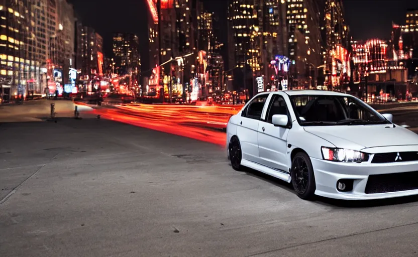 Prompt: Mitsubishi Lancer Evo in downtown New York City at night, highly detailed, 4k photo, DSLR,