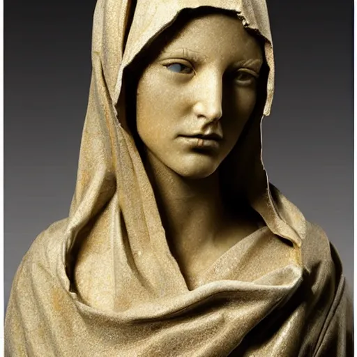 Prompt: a masterpiece marble sculpture of the veiled hooded virgin, subsurface cracks, !dramatic !face, !female, covered in intricate !detailed golden !!streaked veil , physically based rendering, ultra photo realistic, cinematic lighting , dark background by Dan Hillier