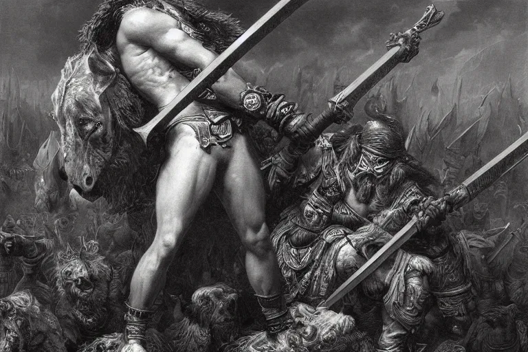 Image similar to highly detailed painting of a warrior barbarian, symmetrical, masterpiece, highly detailed painting by gustave dore