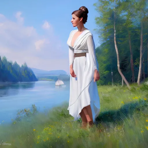 Image similar to Princess Leia, Swedish countryside, landscape view, archipelago, painting by Vladimir Volegov, wlop, artstation