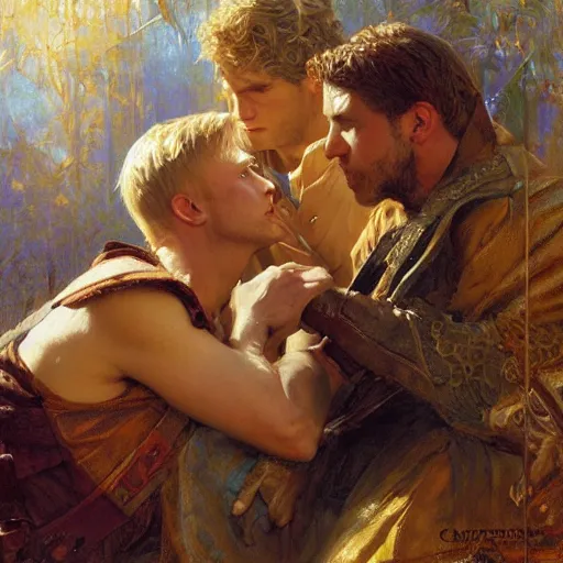 Image similar to attractive male arthur pendragon confesses his love to attractive male merlin. highly detailed painting by gaston bussiere, craig mullins, j. c. leyendecker 8 k