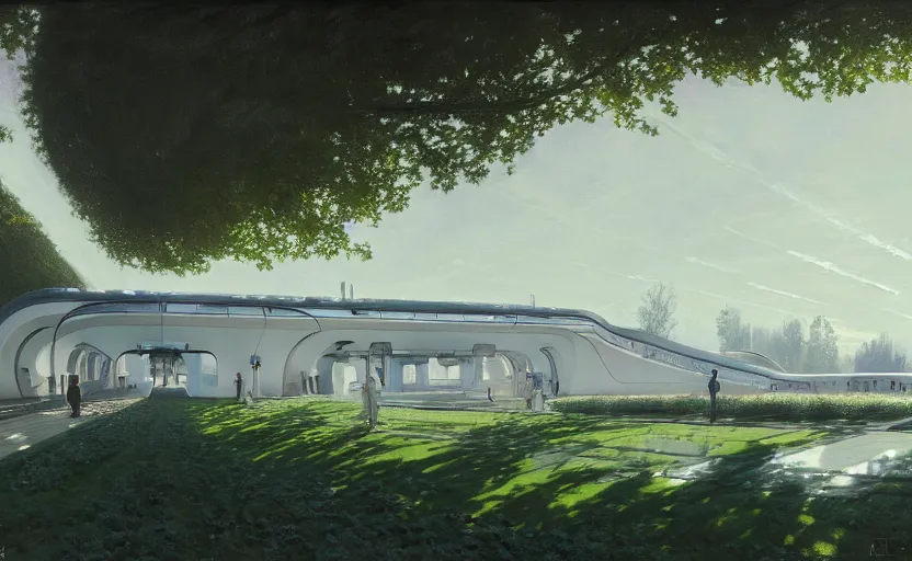 Image similar to painting of a wide angle exterior shot of a white modern futuristic utopian train station in the middle of an english garden with cinematic lighting by peter zumthor and renzo piano, darek zabrocki and greg ruthkowski, alphonse mucha, simon stalenhag and cinematic and blue cold atmospheric, archillect concept art, artstation, trending on artstation