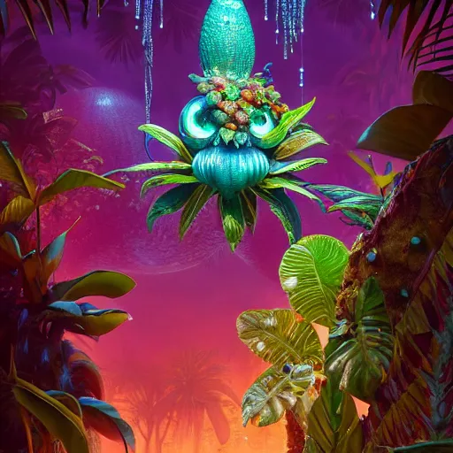 Image similar to tropical fruit creature in a lush trunda candyland vegetation, water reflection, night, backlit, warm tones, bioluminescent : by michal karcz, daniel merriam, victo ngai and guillermo del toro : ornate, dynamic, particulate, intricate, elegant, highly detailed, centered, artstation, smooth, sharp focus, octane render