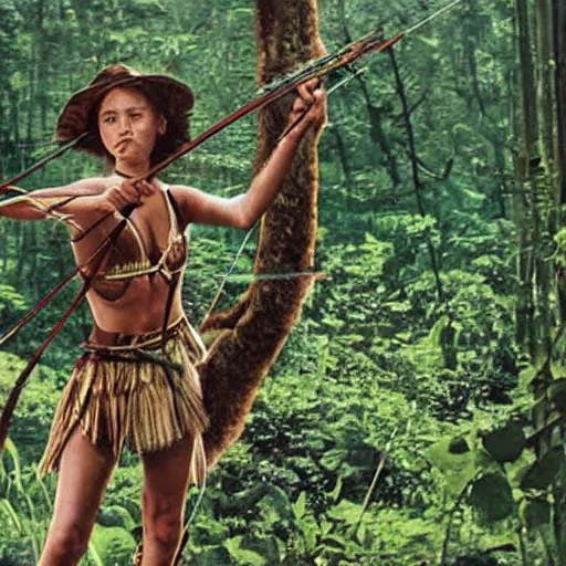 Image similar to film still of a female heroine in the jungle hunting with bow and arrow, by tori seubert, realistic