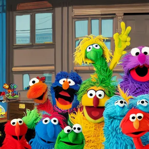 Prompt: wide angle shot of traffic on sesame street with muppets colorful cel shading, cookie monster, elmo, oscar the grouch