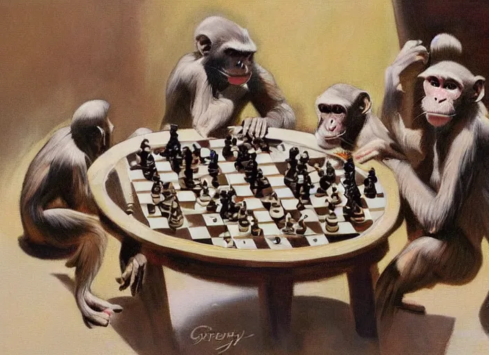 Image similar to a highly detailed beautiful painting of chess played by monkeys, by gregory manchess, james gurney, james jean