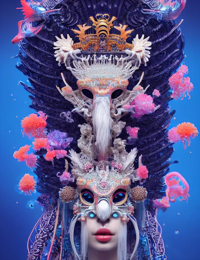 Image similar to 3 d goddess close - up profile portrait with crown, ram skull. beautiful intricately detailed neon japanese crow kitsune mask and clasical japanese kimono. betta fish, jellyfish phoenix, bio luminescent, plasma, ice, water, wind, creature, artwork by tooth wu and wlop and beeple and greg rutkowski