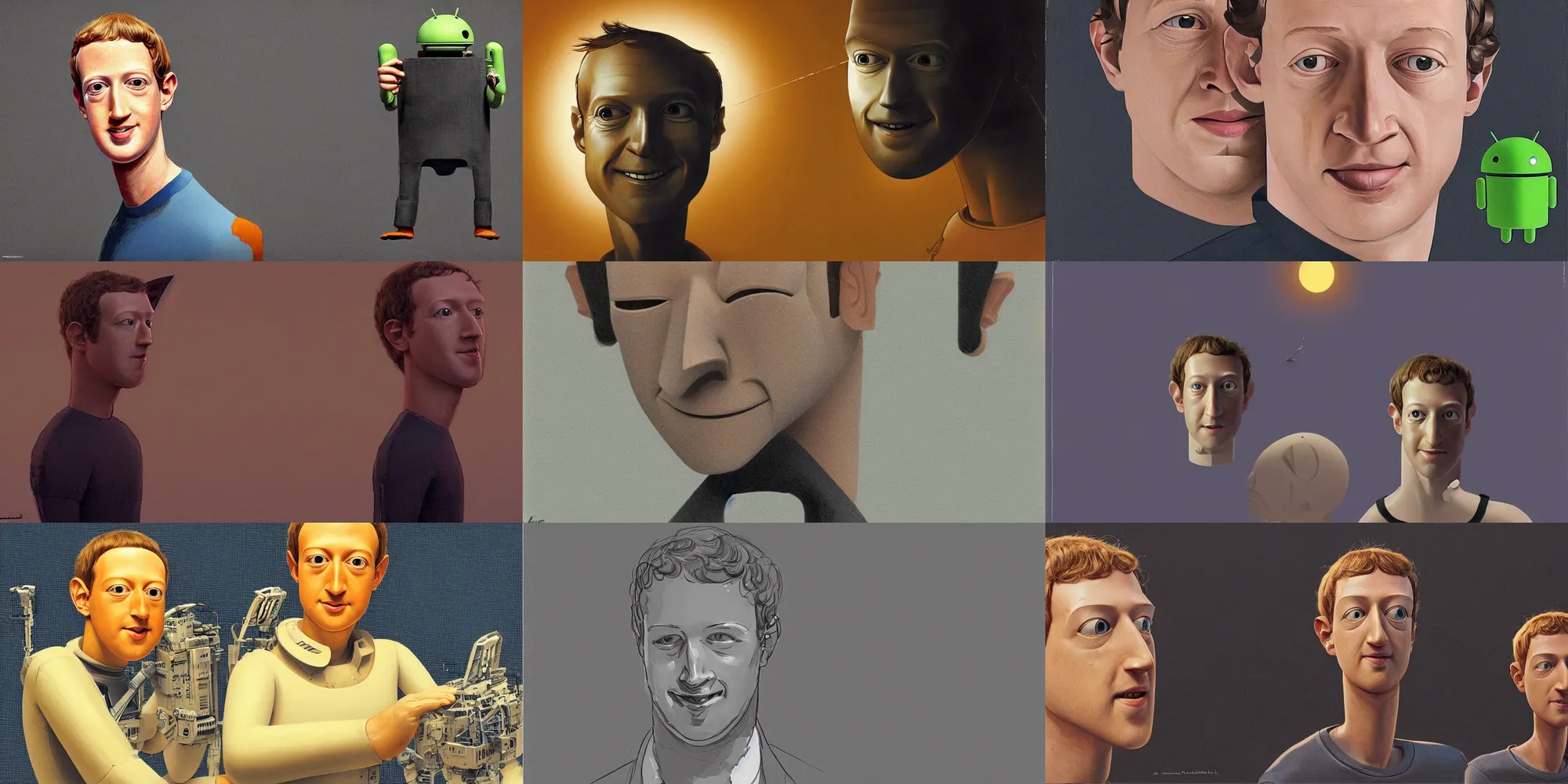 Prompt: Android Mark Zuckerberg bent in a weird angle trying to smile, Dan McPharlin, Ralph McQuarrie