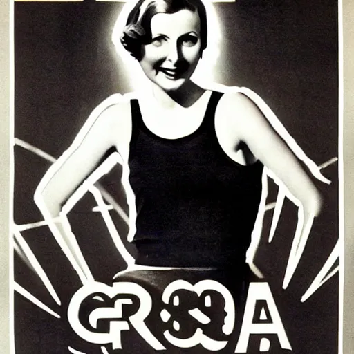 Image similar to a 1 9 2 8 poster. happy, healthy, smiling, sporty, glowing greta garbo in athletic wear.