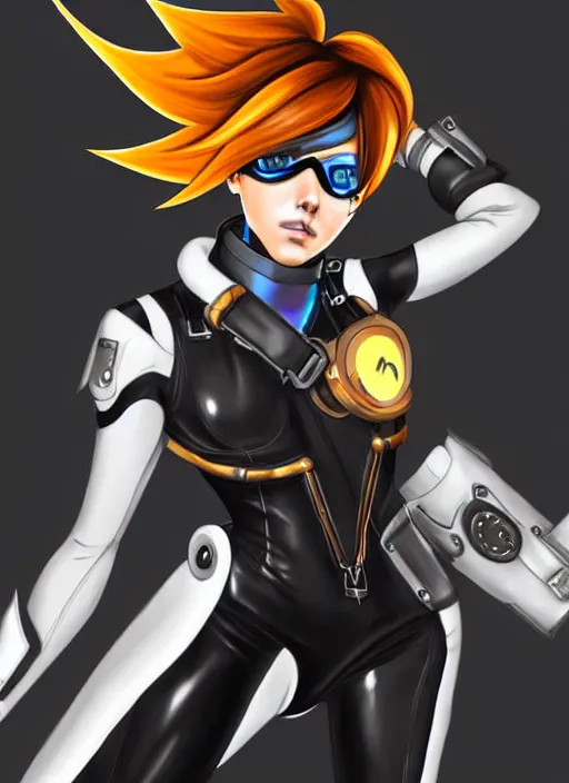 Image similar to full body digital artwork of tracer overwatch, confident pose, wearing black iridescent rainbow latex, 4 k, expressive happy smug expression, makeup, in style of mark arian, wearing detailed black leather collar, wearing sleek armor, black leather harness, expressive detailed face and eyes,