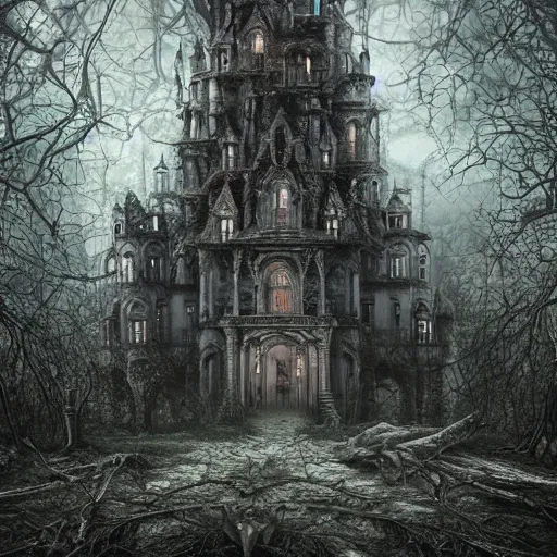 Image similar to mystical baroque castle in haunted swamp surrounded by dense forest with vines, creepy ambiance, desaturated, highly detailed, sharp focus, brutalist architecture, by artgerm, cgsociety