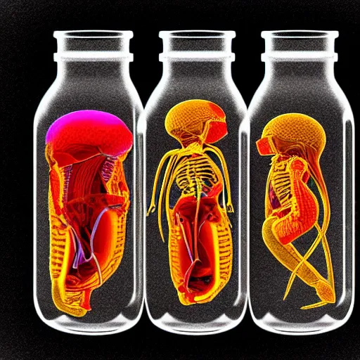 Prompt: life in glass jars, fetus, 3 d, colorful, synthetic, anatomical, detailed innards, refractive, transparent, occlusion, shadows, sss