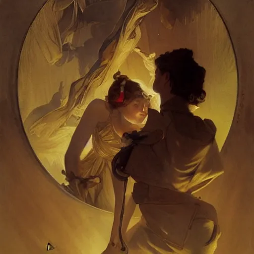 Prompt: a pair of glowing silver eyes shining in the darkness belonging to a mysterious young girl who's silhouette is hardly visible in the darkness. by jc leyendecker. gaston bussiere. makoto shinkai