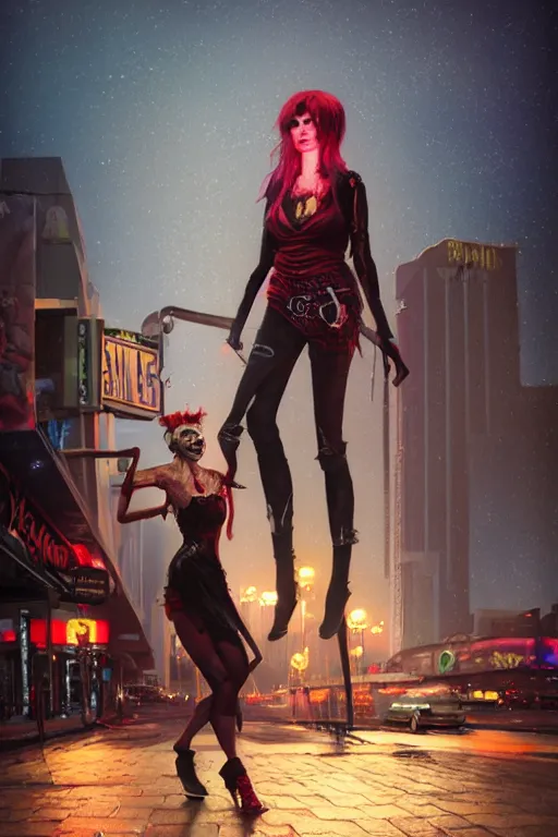 Prompt: full body portrait of a blood punk on the Las Vegas strip at night by tom bagshaw, cinematic, hyper realism, high detail, octane render, 8k, trending on artstation, CGsociety, concept art, 35mm, kodak portra