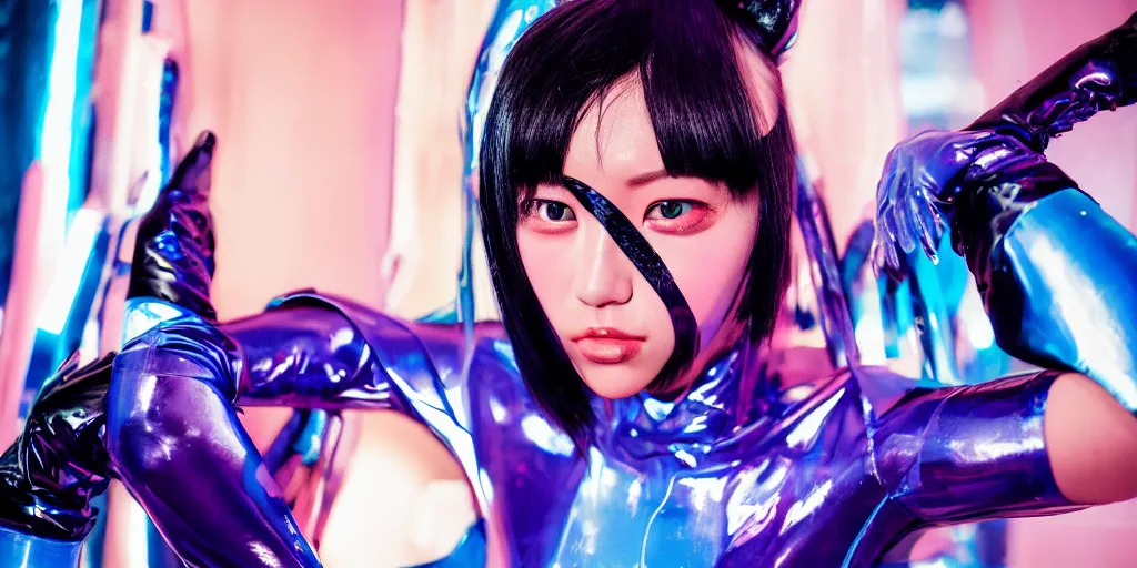 Prompt: a close - up risograph long shot of cyberpunk japanese model girl with black eyes and pretty face wearing latex catsuit and lots of transparent and cellophane accessories, blue hour, twilight, cool, portrait, kodachrome, iso 1 2 0 0, style by moebius
