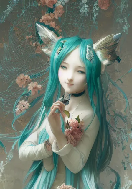 Image similar to hatsune miku and cinnamoroll, intricate, elegant, highly detailed, digital painting, artstation, concept art, smooth, sharp focus, illustration, art by artgerm and greg rutkowski and alphonse mucha and william - adolphe bouguereau