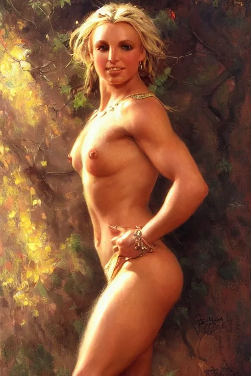 Image similar to detailed portrait of a beautiful britney spears muscular, painting by gaston bussiere, craig mullins, j. c. leyendecker