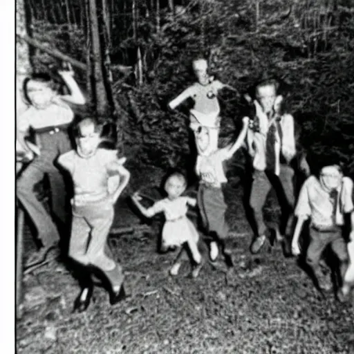 Image similar to a higly detailed album of scared children from running slenderman from the 1940s, creepy, unsettling, bad quality, cursed image