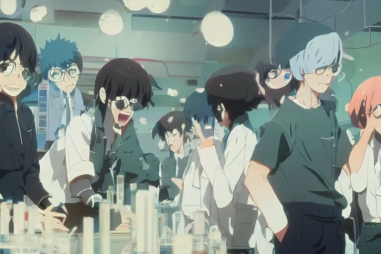 Image similar to anime still of reckless!!! whimsical! trippy laughing! scientists in a lab inventing, presentation, scattered tables overloaded with doomsday devices and beakers and test tubes, by makoto shinkai yoshinari yoh ilya kuvshinov