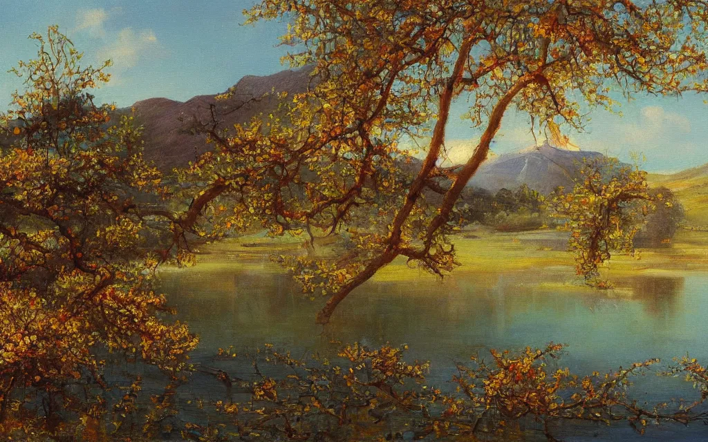 Image similar to a painting of the most beautiful lake in the spring morning, by vilhelms purvitis, oil on canvas
