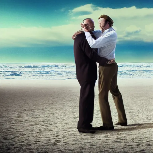 Prompt: Walter White hugging Saul Goodman on the beach, artistic, 8k, cinematic