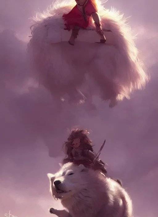 Image similar to comic book cover. giant samoyed dog being ridden by a small young girl. heroic lighting by greg rutkowski, trending on artstation