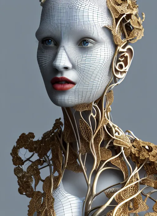 Image similar to complex 3d render ultra detailed of a beautiful porcelain profile woman face, mechanical cyborg, silver gold details, 150 mm, beautiful natural soft light, rim light, ghost orchid big leaves and stems, roots, fine foliage lace, maze like, mesh wire, intricate details, hyperrealistic, ultra detailed, red lips, mandelbrot fractal, anatomical, white metal neocubism armor, facial muscles, cable wires, microchip, elegant, octane render, H.R. Giger style, 8k