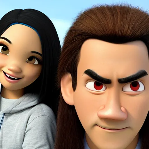 Image similar to young beautiful athletic Filipino woman with long hair and a handsome caucasian athletic man with buzzed hair, high widows peak, 5 o'clock shadow, both depicted as Pixar characters, high quality cg render