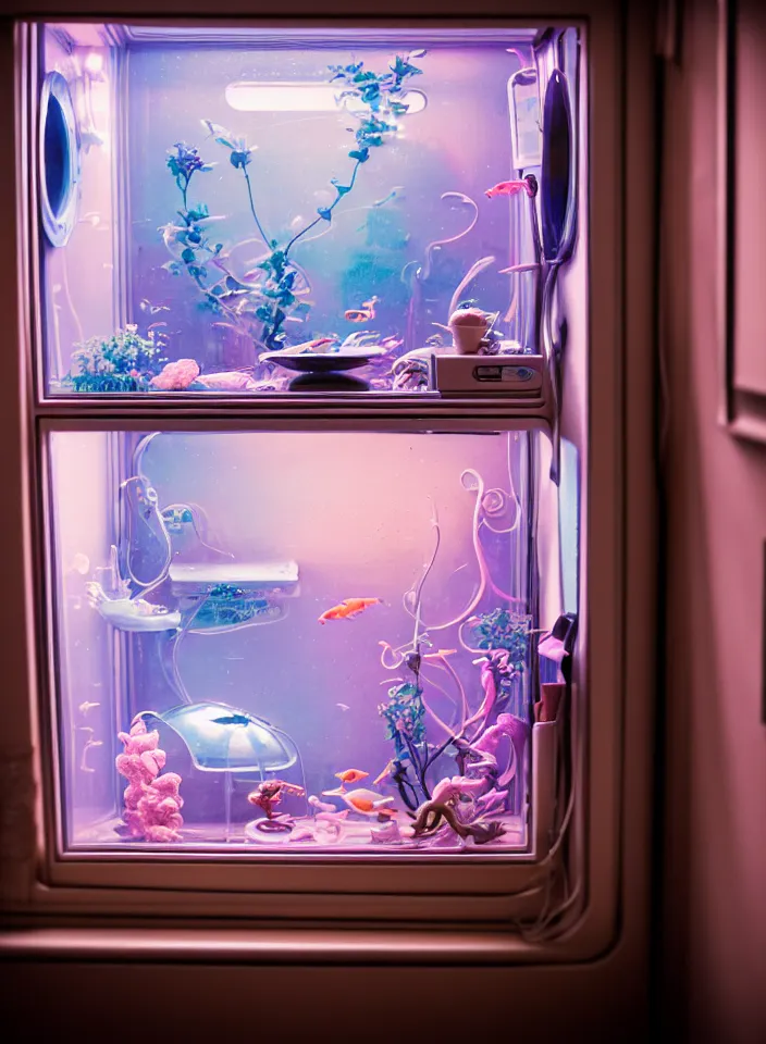 Image similar to telephoto 7 0 mm f / 2. 8 iso 2 0 0 photograph depicting the feeling of chrysalism in a cosy safe cluttered french sci - fi ( ( art nouveau ) ) cyberpunk apartment in a pastel dreamstate art cinema style. ( cat ) ( ( fish tank ) ), ambient light.