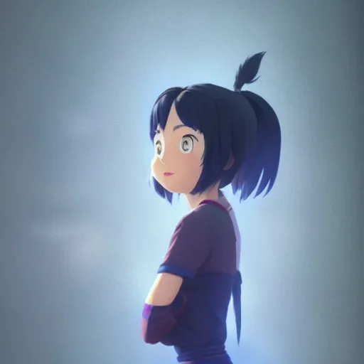 Image similar to a wholesome animation key shot of a dark blue haired girl with a raccoon tail, medium shot, studio ghibli, pixar and disney animation, sharp, rendered in unreal engine 5, anime key art by greg rutkowski, bloom, dramatic lighting