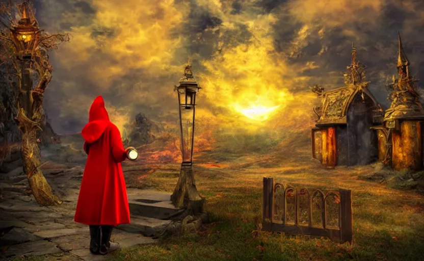 Image similar to red hooded mage holding a golden bell by the gate to the 7 th realm, mindblowing, landscape art, ominous,