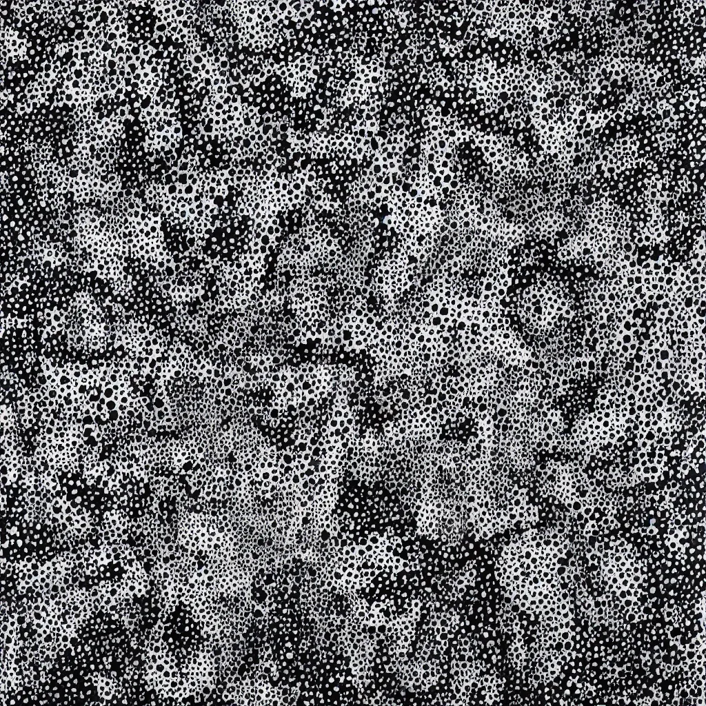 Prompt: camo made of teeth, smiling, abstract, rei kawakubo artwork, cryptic, dots, stipple, lines, splotch, color tearing, pitch bending, faceless people, dark, ominious, eerie, minimal, points, technical, old painting