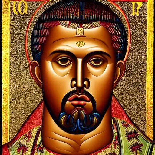 Prompt: kanye west, kanye portrait, ancient byzantine icon, roman catholic icon, saintly, orthodox