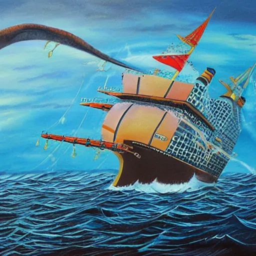 Prompt: A giant squid destroying a cruise ship in the middle of the ocean, oil painting