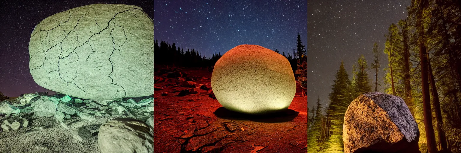 Prompt: large floating rock with glowing cracks in forest at night