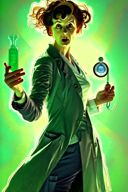 Image similar to doctor who, woman, as a mad dentist, on a plain green background, art by artgerm and greg rutkowski and alphonse mucha