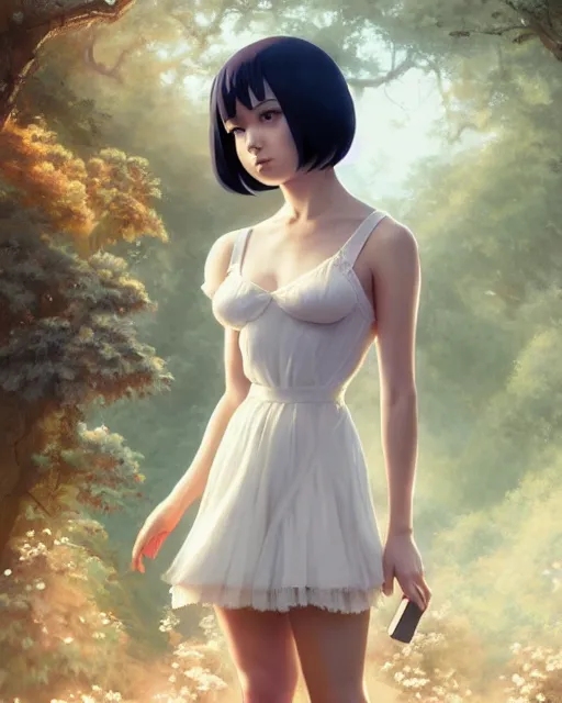 Image similar to photo of eevee pokemon humanisation, in lace short white dress, film still, dslr, by greg rutkowski, gil elvgren, enoch bolles, ross tran, artgerm, wlop, glossy skin, pearlescent, very coherent