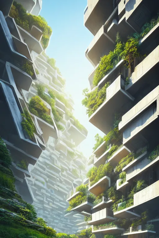 Prompt: architectural illustration of an awesome sunny day environment concept art on a cliff, architecture by kengo kuma with village, residential area, mixed development, highrise made up staircases, balconies, full of clear glass facades, cgsociety, fantastic realism, artstation hq, cinematic, volumetric lighting, vray