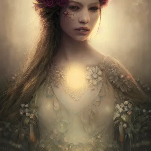 Prompt: a gorgeous flower princess portrait by Seb McKinnon, artgerm , v-ray render, ultra realistic, mystical, ominous, cgsociety