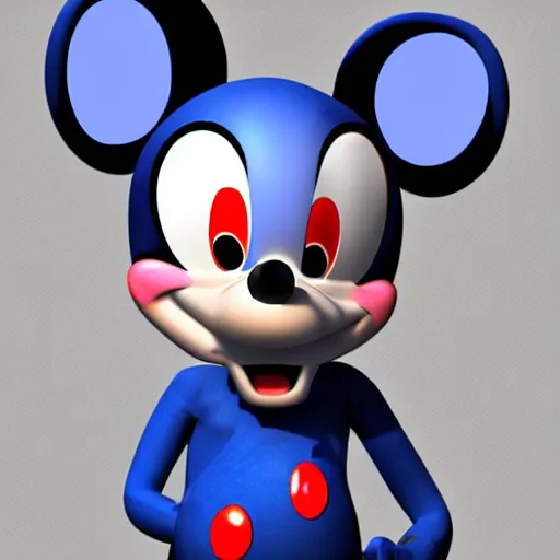 Image similar to a blue furry mickey rat with triangle ears and back gloves, high quality 3 d render trending in art station