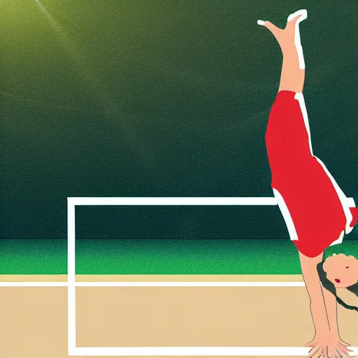 Image similar to a girl doing a handstand on the school basketball court, digital art, lens flare