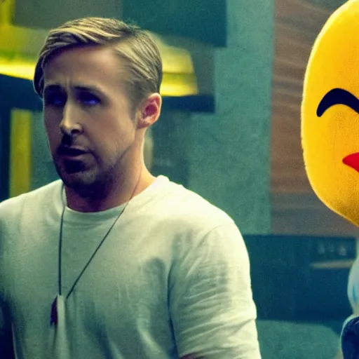 Image similar to Movie still of Ryan Gosling as Pacman, big yellow head, open mouth