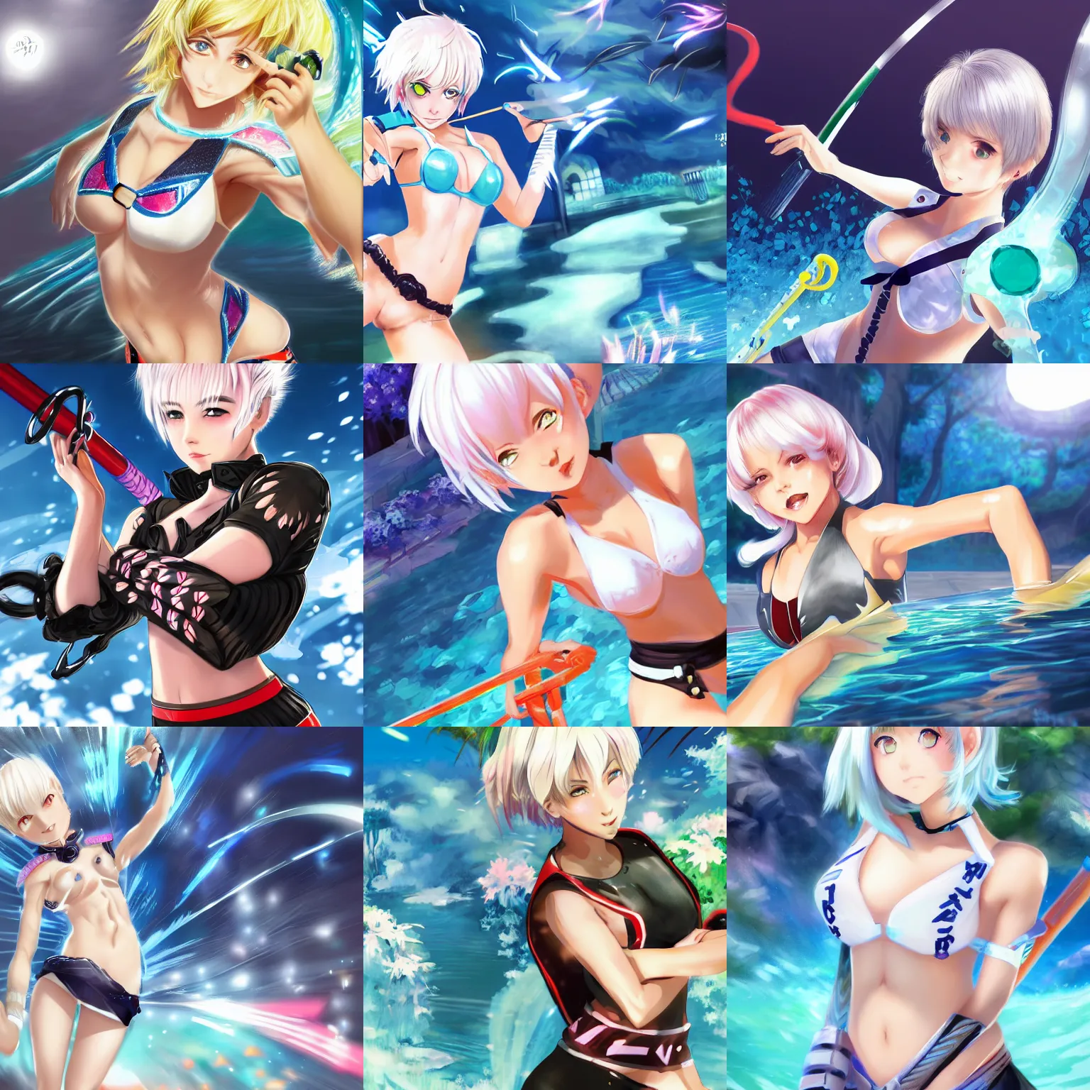 Prompt: An illustration of a single teenager girl as Genshin Impact, short white hair, light skin, playing at swiming pool, digital painting, game promotional poster, highly detailed, sharp focus, art by Yabuki Kentarou, trending on Pixiv.