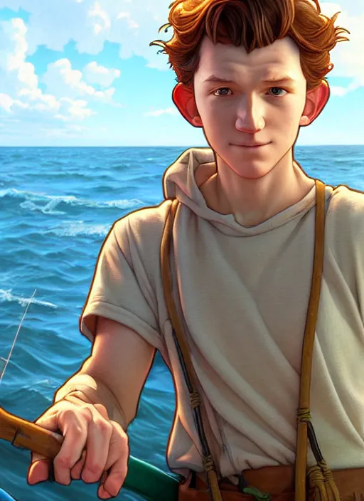 Prompt: cute fisherman tom holland, natural lighting, path traced, highly detailed, high quality, digital painting, by don bluth and ross tran and studio ghibli and alphonse mucha, artgerm