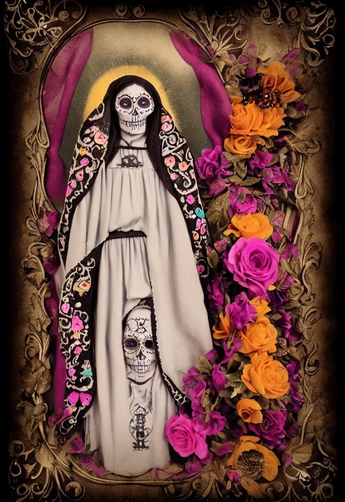 Image similar to tintype full body view, one womanvirgin mary, dia de muertos dress and make up, intricate, highly detailed,