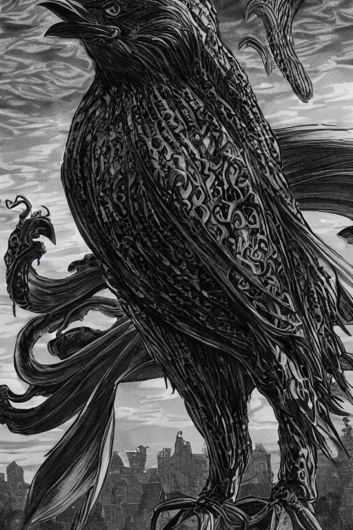 Image similar to portrait black raven bird cthulhu by yusuke murata and masakazu katsura, artstation, highly - detailed, cgsociety, artstation, pencil and ink, fighting pose, city in the background, dark colors, detailed face