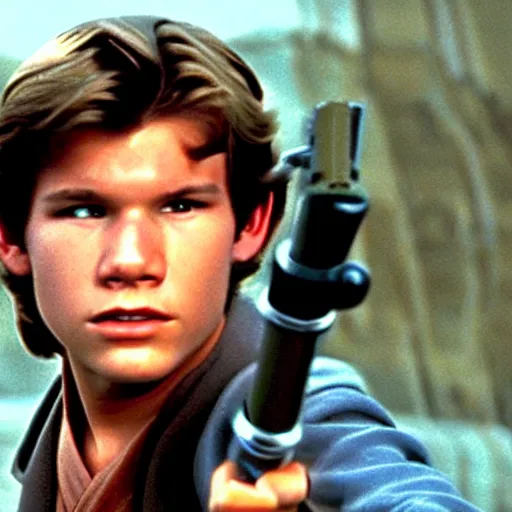 Image similar to A full color still from a film of a teenage Han Solo as a Jedi padawan holding a lightsaber hilt, from The Phantom Menace, directed by Steven Spielberg, 35mm 1990