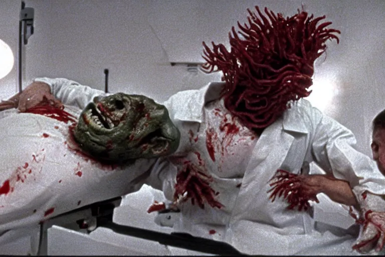 Image similar to filmic extreme wide shot dutch angle movie still 35mm film color photograph of a doctor getting his both his legs pulled and torn off by a bundle of dangerous alien worms coming from off camera, blood slattering, in the style of The Thing 1982 horror film