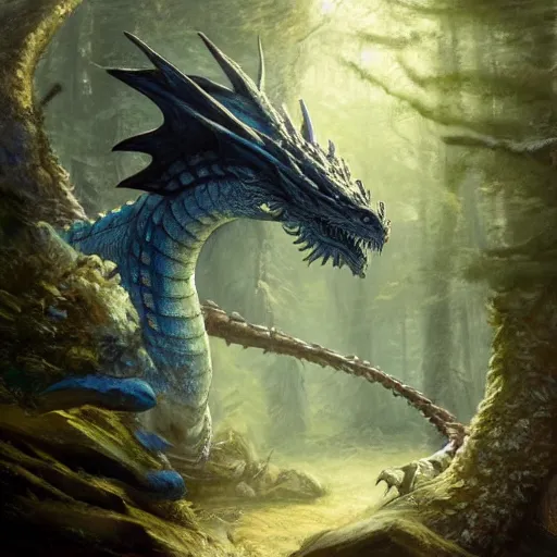 Image similar to oil painting of dragon in cold forest, dnd character, fantasy, magic, realistic textured skin, big lizard head, eagle feather, glowing eyes, clear clean, artgem, boris valejo, goro fujita, frank frazetta, trending on artstation, digital painting, beautiful, very detailed, pixar